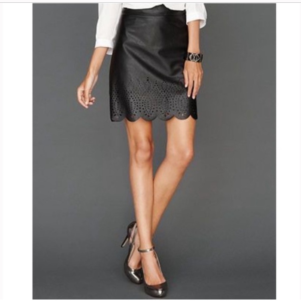 INC BLACK FAUX LEATHER LASER CUT SKIRT